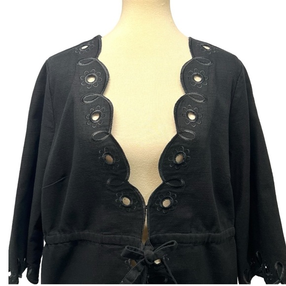 Bob Mackie Art To Wear Black Cotton Floral Eyelet Tie Waist Jacket Womens Large - Picture 2 of 11